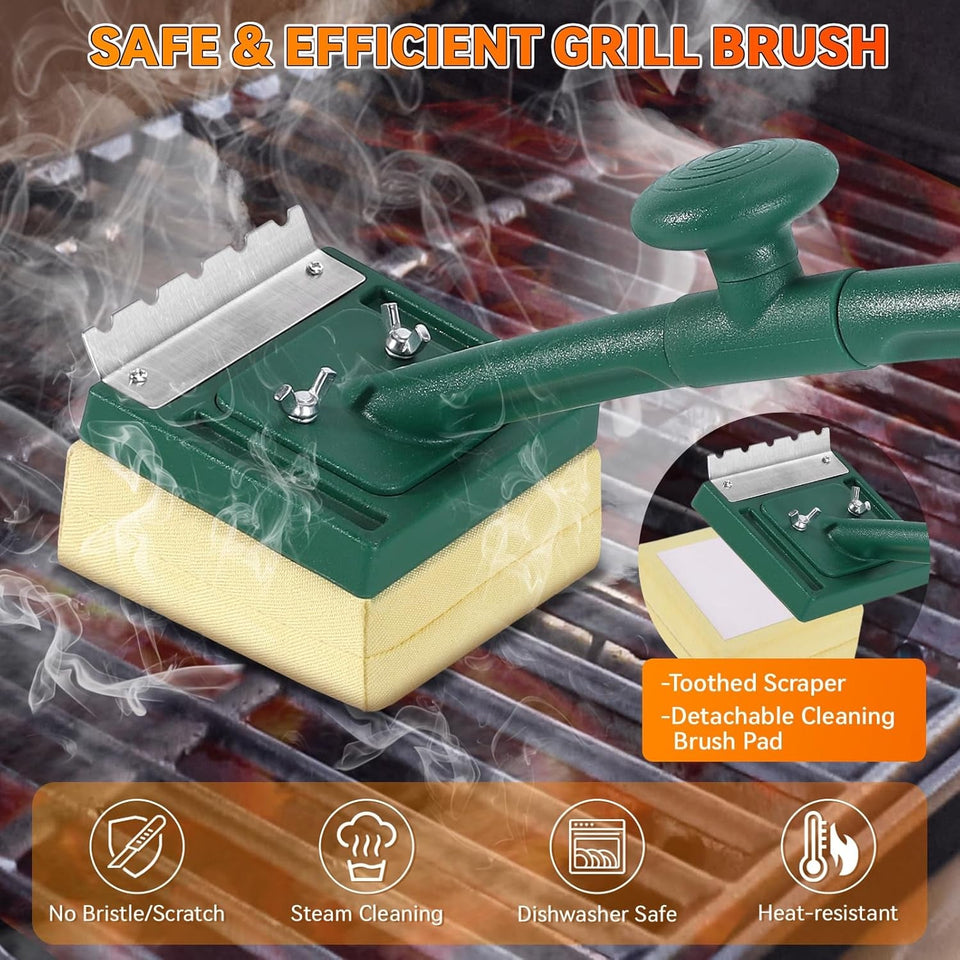 Grill Brush Bristle Free with Scraper.22 Extra Long Steam Grill Brush for Outdoor Grill.Replaceable Cleaning Head.Safe Grill Cleaner for Cast Iron/Stainless-Steel Grates.Ideal BBQ Gifts for Men Dad