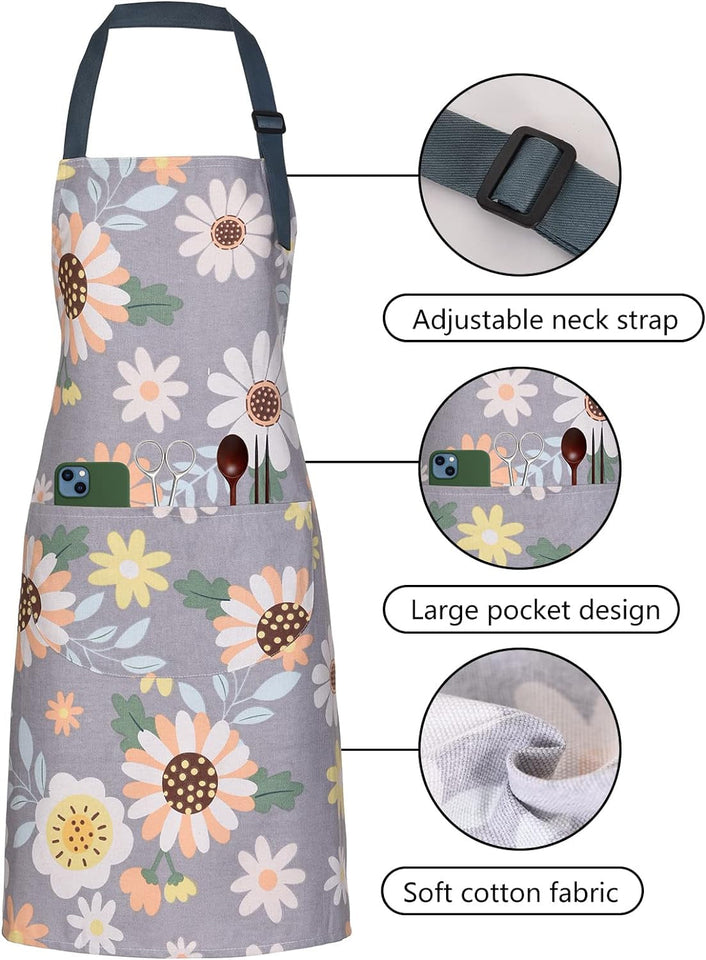 2 Pack Floral Apron for Women with Pockets. Adjustable Cotton Chef Aprons for Kitchen. Cooking. BBQ & Grill