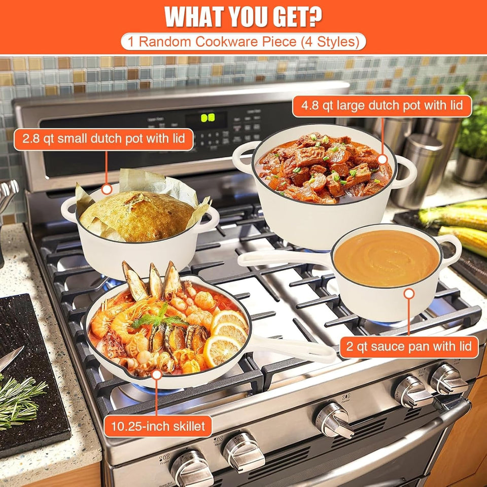 1 Piece Random Nonstick Enameled Cast Iron Pan/Pot (4 Styles: 10.25 Skillet/2Qt Saucepan/2.8Qt/4.8Qt Dutch Oven) – Healthy round Pot for Sourdough Bread Baking on All Stovetops. Mystery Cookware Box