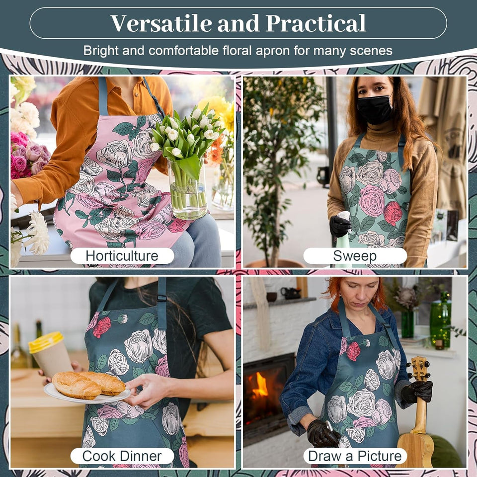 3 Pack Floral Aprons for Women with 2 Pockets. Women Aprons Waterproof Adjustable Cooking Aprons for Kitchen. Gardening. Baking. Salon Apron Gift for Mom Wife Sister Grandma