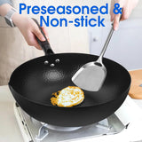 13.4 Inch Carbon Steel Wok for Electric. Induction and Gas Stoves (Lid. Spatula and User Guide Video Included)