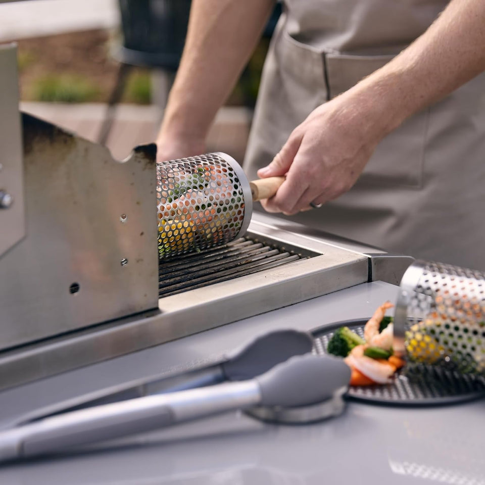 2Pcs Large Nesting Rolling Grill Baskets for Outdoor Grill. USA Based. Commercial Grade. 304 Stainless Steel BBQ round Grilling Baskets with Wood Handles Set with Oil Pourer/Brush and Grill Glove