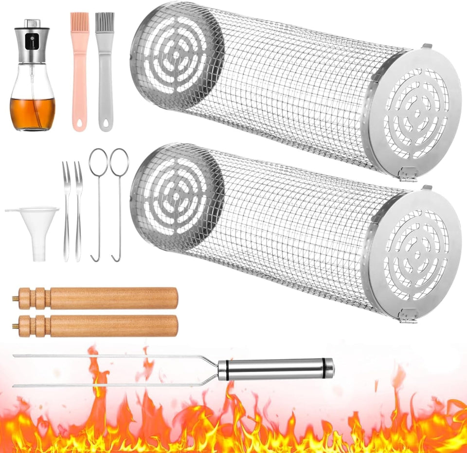 2 PCS Rolling Grilling Baskets for Outdoor Grill BBQ. Stainless Steel Cylinder Grill Mesh Barbeque Grill Accessories. Outdoor round BBQ Stainless Steel Grill Basket Campfire Grill Grid
