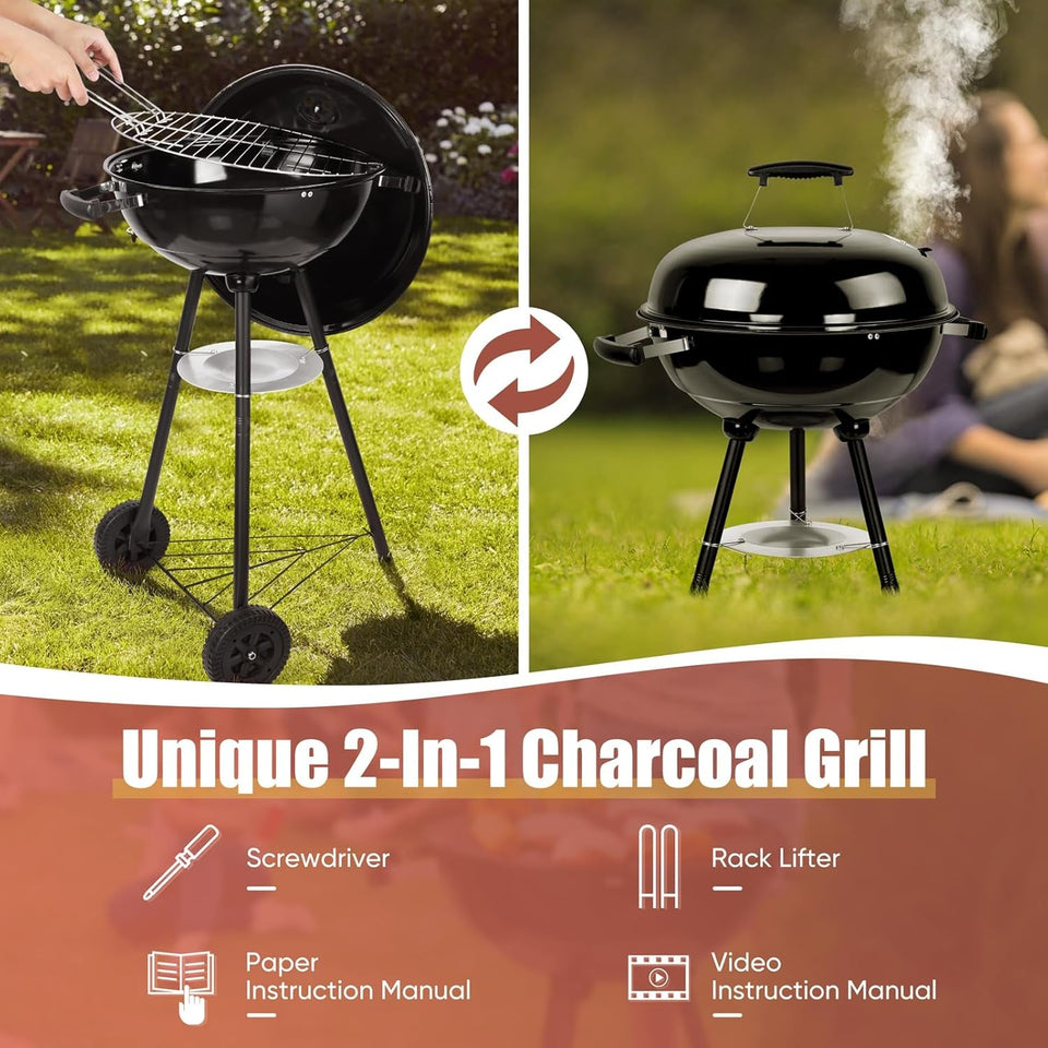 18 Inch Charcoal Grill. Hasteel 2-In-1 Kettle Outdoor Barbecue Grill. Portable Black BBQ Grill for Camping/Backyard/Patio/Picnic. Porcelain-Enameled Lid & Fire Bowl. 254.SQ.IN Cooking Area. 13-Piece