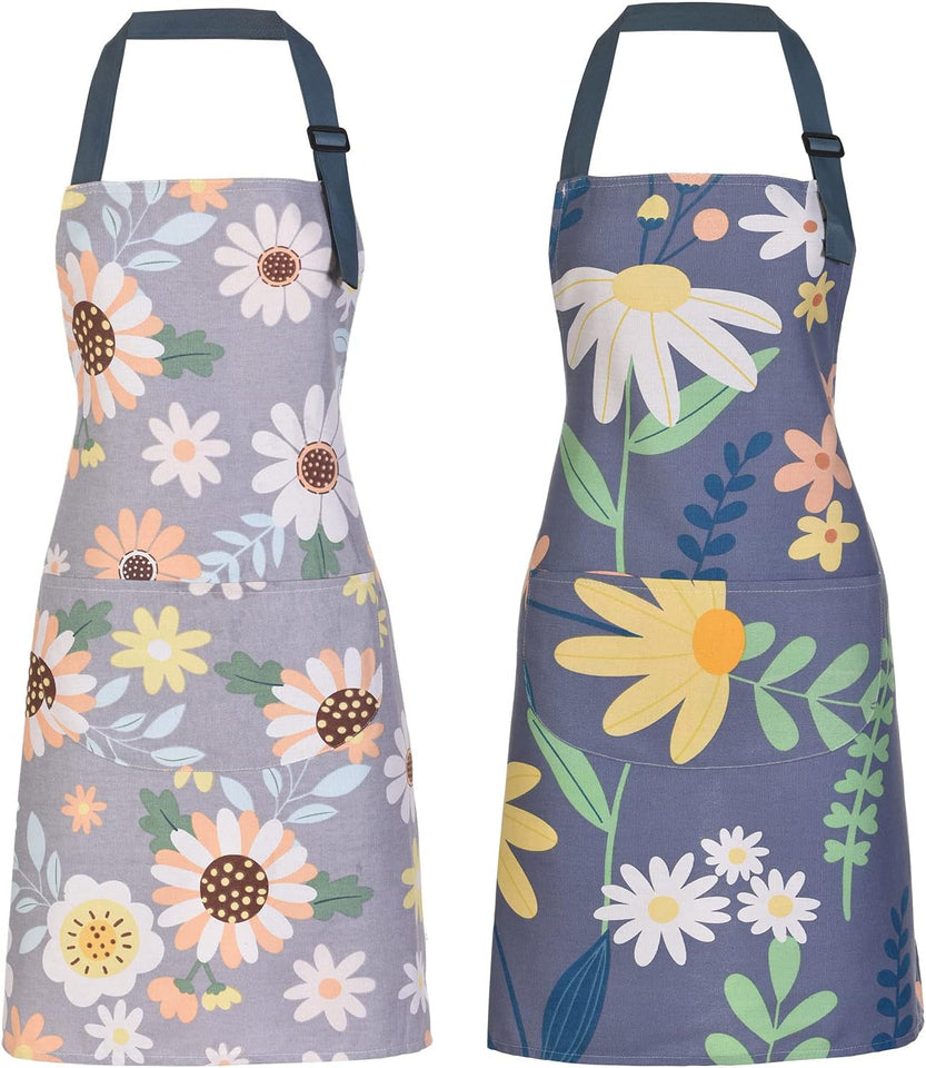 2 Pack Floral Apron for Women with Pockets. Adjustable Cotton Chef Aprons for Kitchen. Cooking. BBQ & Grill
