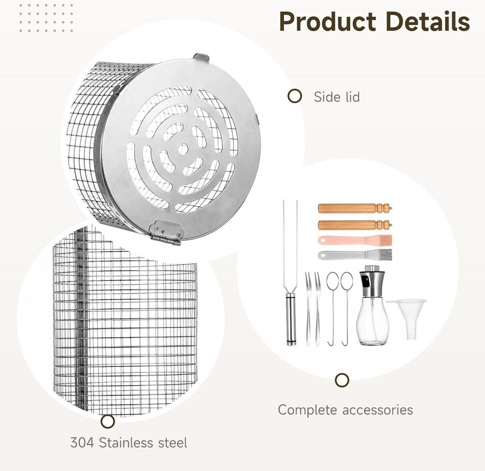 2 PCS Rolling Grilling Baskets for Outdoor Grill BBQ. Stainless Steel Cylinder Grill Mesh Barbeque Grill Accessories. Outdoor round BBQ Stainless Steel Grill Basket Campfire Grill Grid