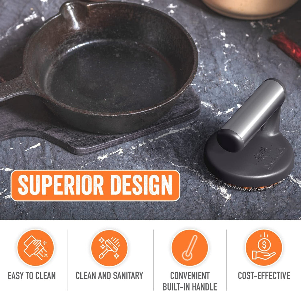 ™ Cast Iron Skillet Cleaner the Cast Iron Scrubber and Grill Brush - Perfect for Cleaning Cast Iron Cookware - Grills and Griddles - Built with Welded Stainless Steel Rings