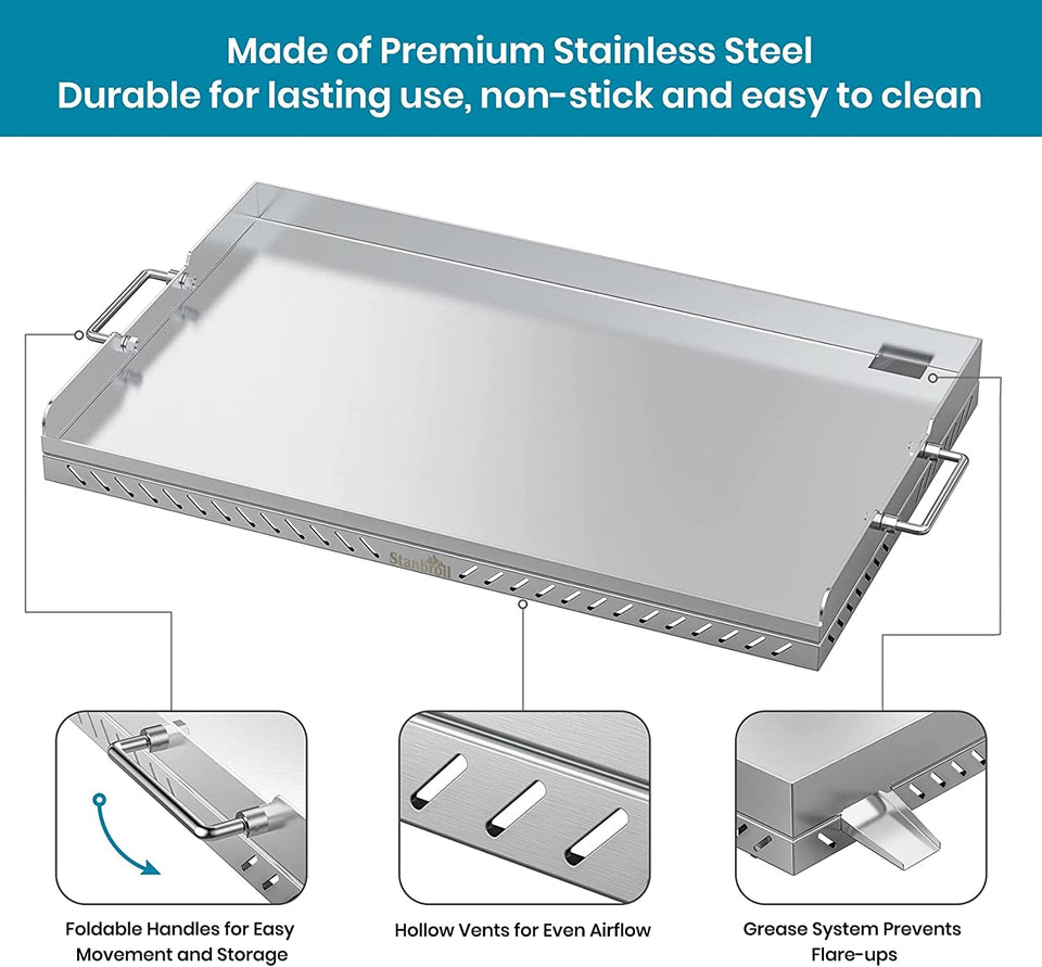 28 Inch Stainless Steel Flat Top Gas Grill Griddle Replacement for Blackstone 2-Burner Propane Fueled Grill Improved New Rear Grease Management System (Improved Version)