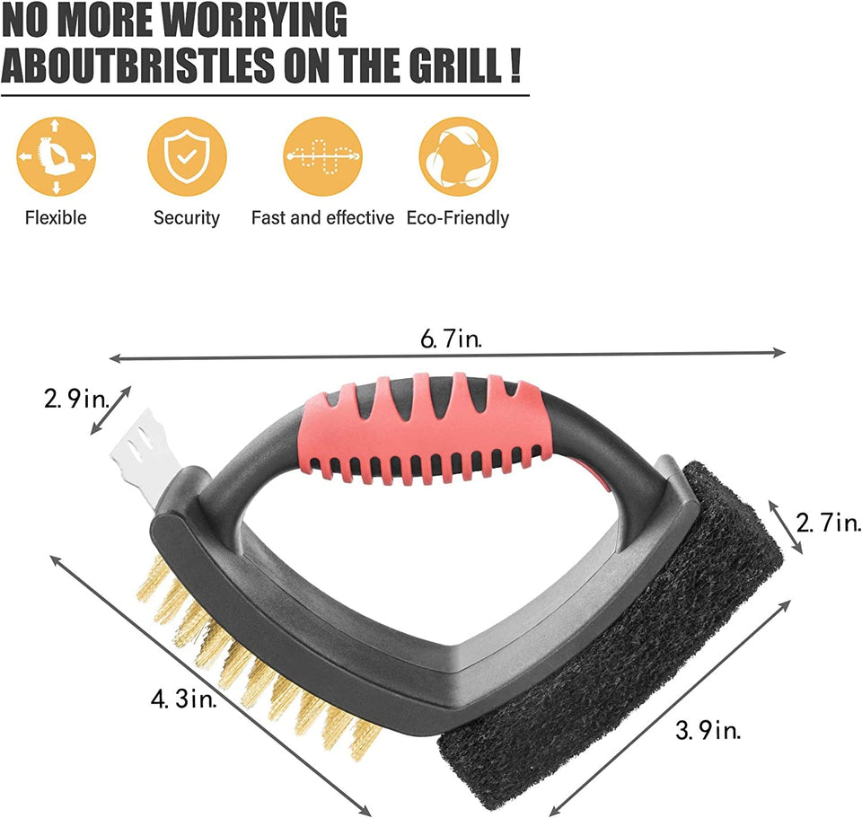 Grill Brush for Outdoor Grill. Brass Grill Cleaning Brush BBQ Cleaning Brush for Outdoor Grill. Multifunctional with Brass Bristle Scouring Pad and Scraper Grill Cleaner Brush and Scraper