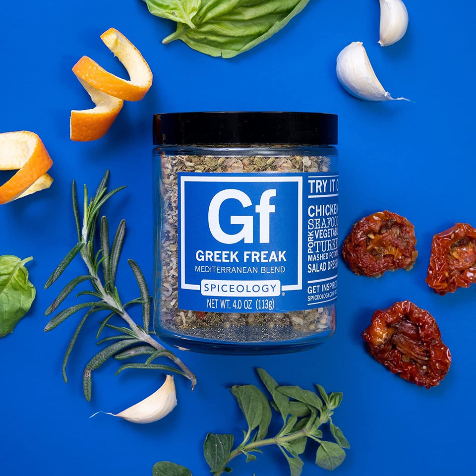 - Greek Freak Mediterranean Spice Blend - All-Purpose Rubs. Spices and Seasonings - Use On: Chicken. Chickpeas. Beef. Seafood. Pork. Vegetables. Turkey. Potatoes and Salad Dressing - 4 Oz