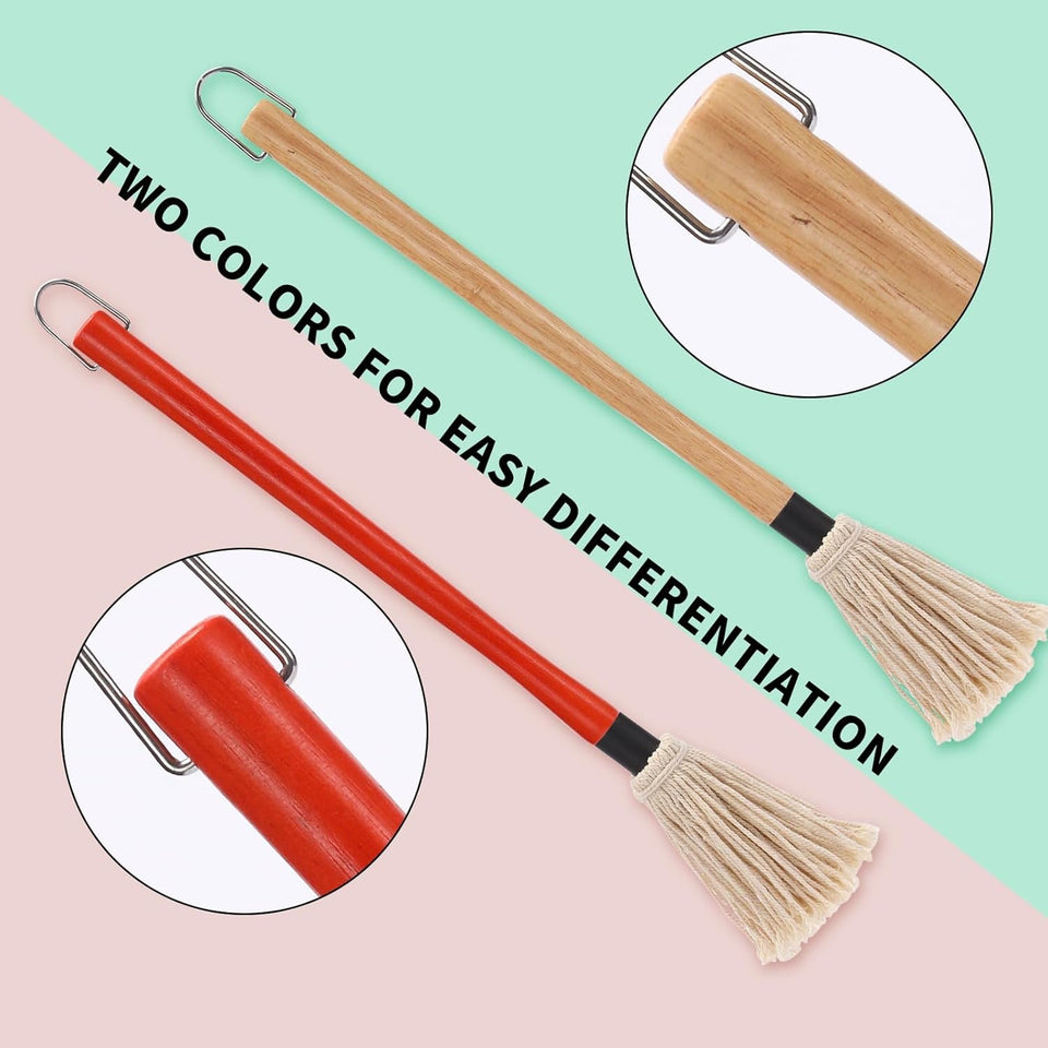 2 Pack 18 Inch Grill Basting Mop with Wooden Long Handle and 2 Extra Replacement Brushes for BBQ Grilling Smoking Steak (Nature Wood & Brown)
