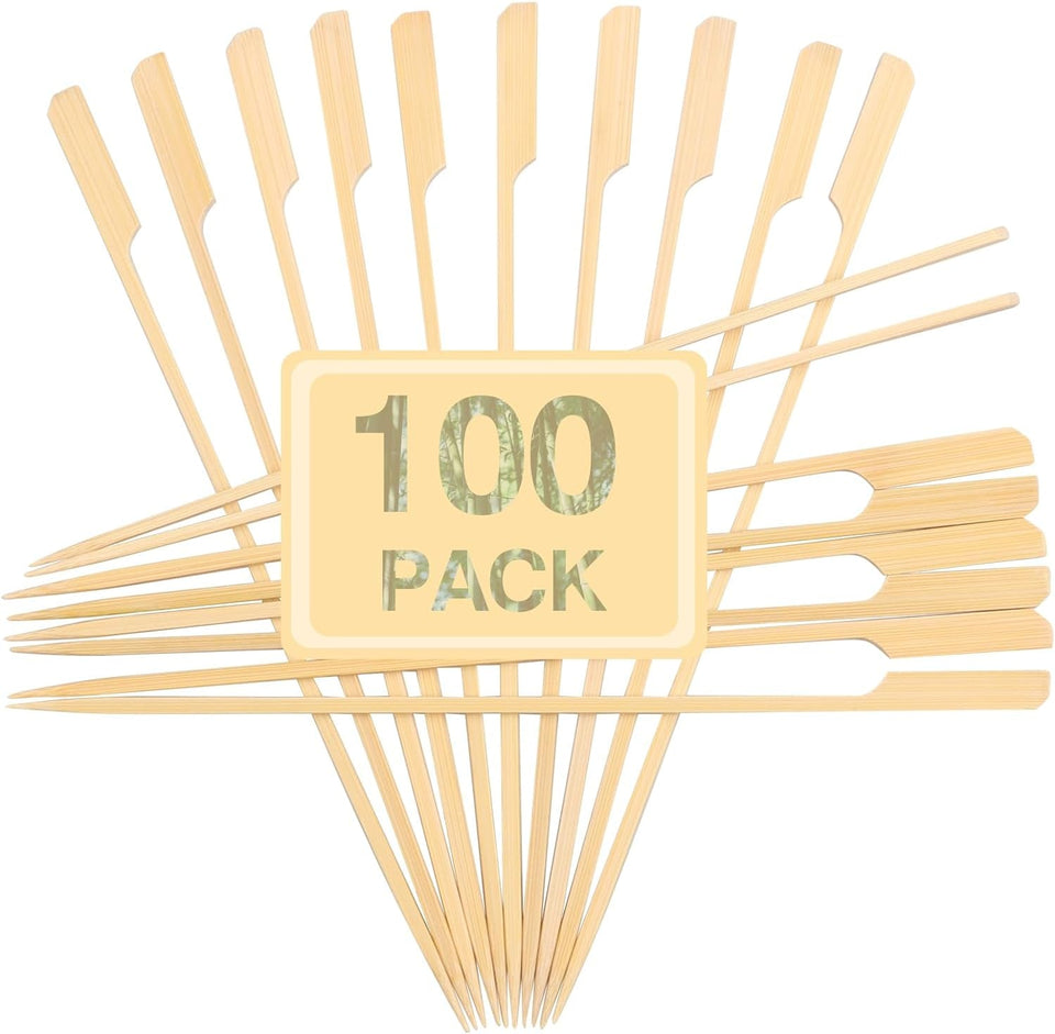 10-Inch Skewer for BBQ Kebab. Unbleached Long Bamboo/Wood Roasting Sticks for Grill -Heavy Duty Thickness -Flat Stick Flag Handle -With Dust-Free Packaging (100-Pack)