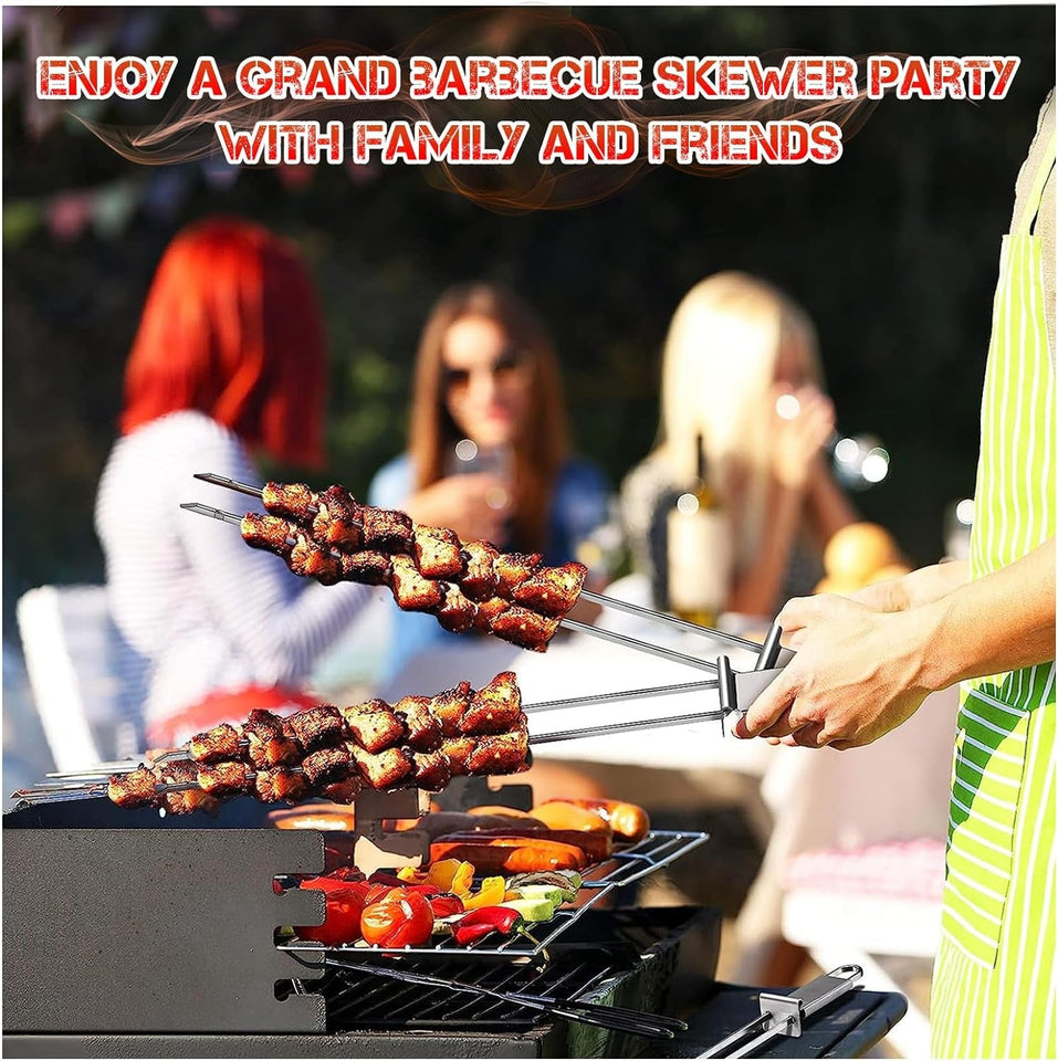 10PCS Kabob Skewers for Grilling.3.Double and Single Pronged Grilling Accessories.304 Stainless Steel Metal Skewers for Kabobs with Push Bar for Quick Release.With Storage Bag and Oil Brush