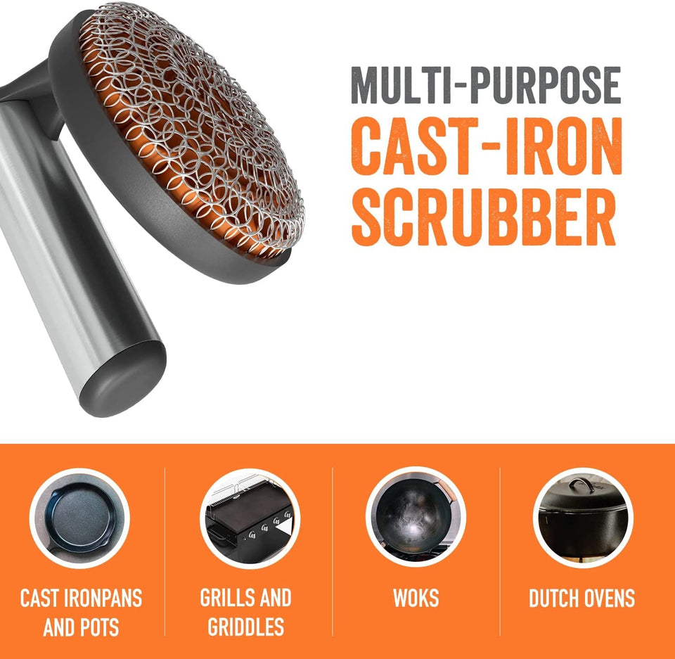 ™ Cast Iron Skillet Cleaner the Cast Iron Scrubber and Grill Brush - Perfect for Cleaning Cast Iron Cookware - Grills and Griddles - Built with Welded Stainless Steel Rings