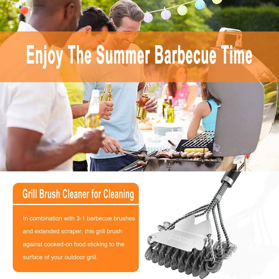 BBQ Grill Cleaning Brush Bristle Free & Scraper - Triple Helix Design Barbecue Cleaner - Non-Bristle Grill Brush and Scraper Safe for Gas Charcoal Porcelain Grills - Ideal Grill Tools Gift