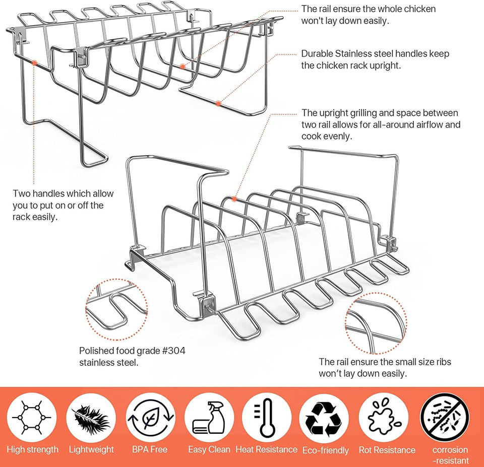 3 in 1 Extra Large Rectangle Rib Rack&Chicken Leg Rack with Brush. Stainlesss Steel Roasting Rack with 2 Handle for Smoker. Oven and Grill. Holds up to 5 Ribs. Easy to Use&Clean