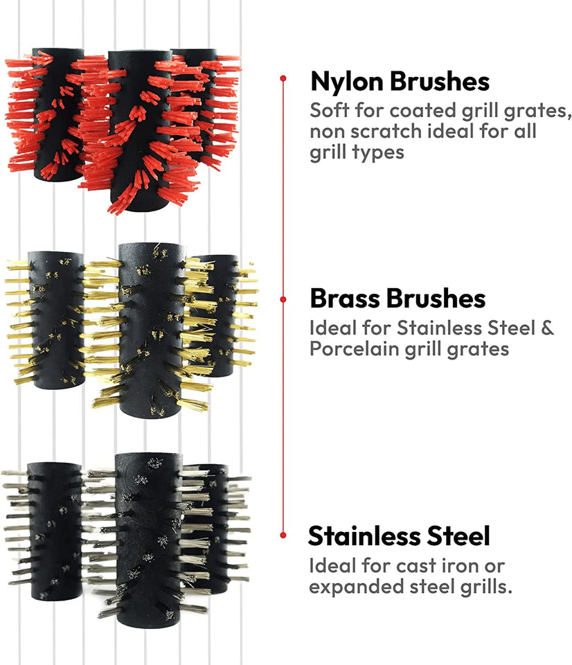 Automatic BBQ Grill Cleaning Robot Replacement Brush - Grill Cleaner Parts. Grilling Accessories. Wire Brush Tool. Metal Brush - Set of 3 Each Stainless Steel. Nylon and Brass Variety Pack