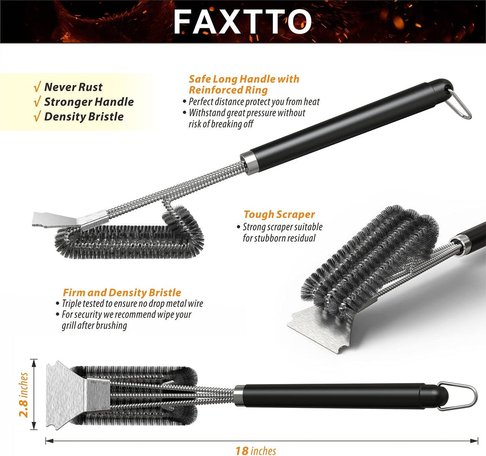 Grill Brush with Extra Strong Long Handle BBQ Cleaner Accessories - Safe Wire BBQ Brush. Triple Barbecue Scrubber Cleaning Brush for Gas/Charcoal Grilling Grates