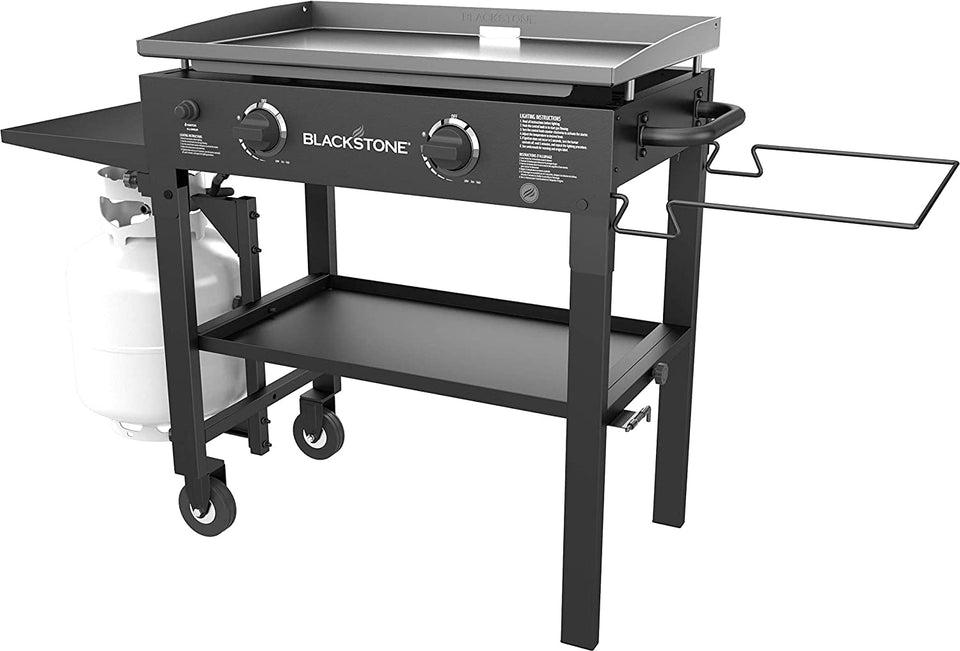 1853 Flat Top Gas Grill 2 Burner Propane Fuelled Rear Grease Management System 28 Outdoor Griddle Station for Camping with Built in Cutting Board and Garbage Holder. 28 Inch. Black