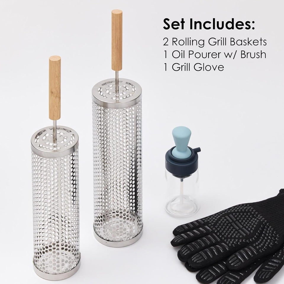 2Pcs Large Nesting Rolling Grill Baskets for Outdoor Grill. USA Based. Commercial Grade. 304 Stainless Steel BBQ round Grilling Baskets with Wood Handles Set with Oil Pourer/Brush and Grill Glove