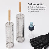 2Pcs Large Nesting Rolling Grill Baskets for Outdoor Grill. USA Based. Commercial Grade. 304 Stainless Steel BBQ round Grilling Baskets with Wood Handles Set with Oil Pourer/Brush and Grill Glove