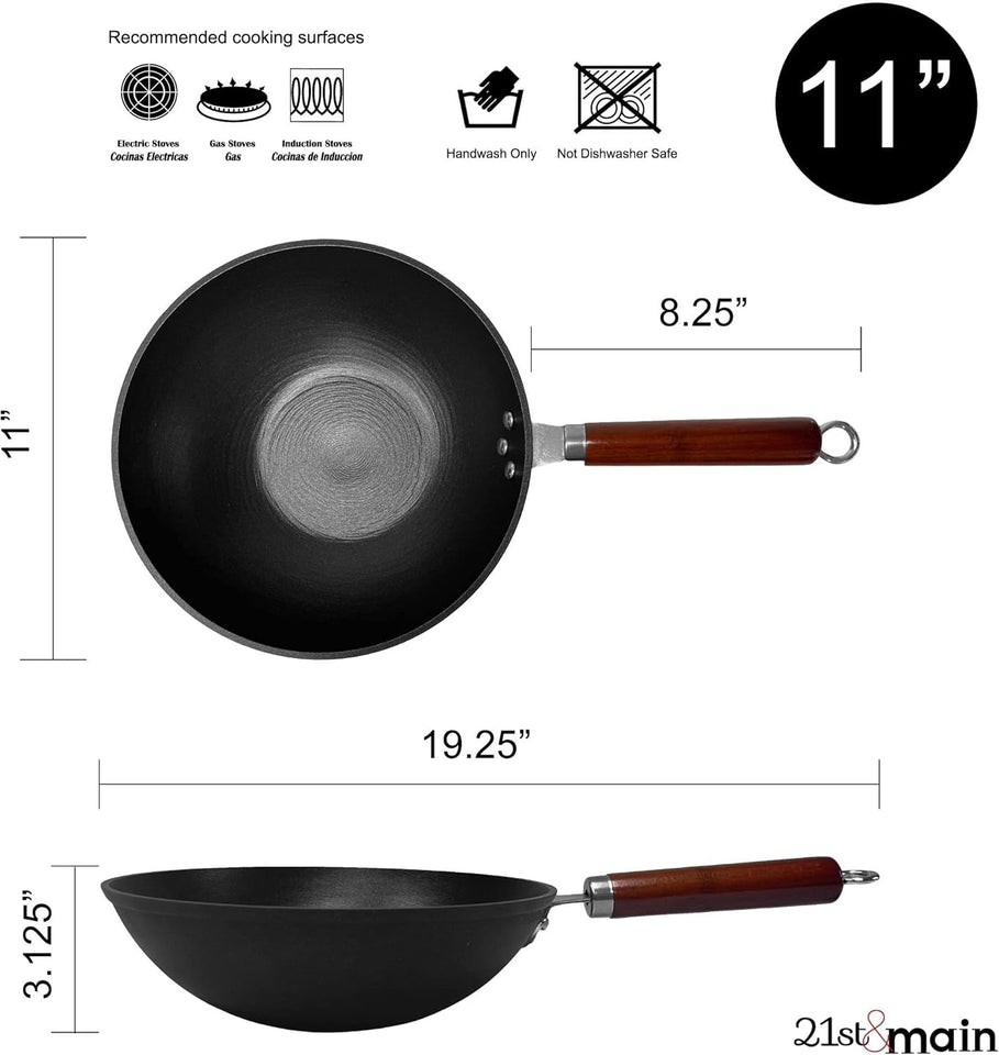 21St & Main Wok. Stir Fry Pan. Wooden Handle. 11 Inch. Lightweight Cast Iron. Chef'S Pan. Pre-Seasoned Nonstick. for Chinese Japanese and Other Cooking