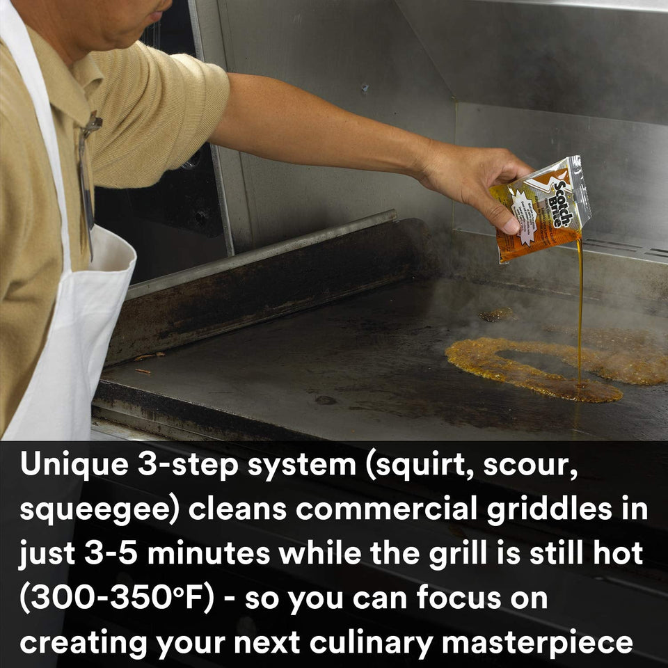 Scotch-Brite Griddle Cleaning. Quick Clean Liquid 700-40. 3.2 Oz Packet. 40/Pack. Heavy Duty. Cleans in 3-5 Minutes. for Baked on Food and Cooking Oils. Use on Hot or Cool Griddle