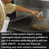 Scotch-Brite Griddle Cleaning. Quick Clean Liquid 700-40. 3.2 Oz Packet. 40/Pack. Heavy Duty. Cleans in 3-5 Minutes. for Baked on Food and Cooking Oils. Use on Hot or Cool Griddle