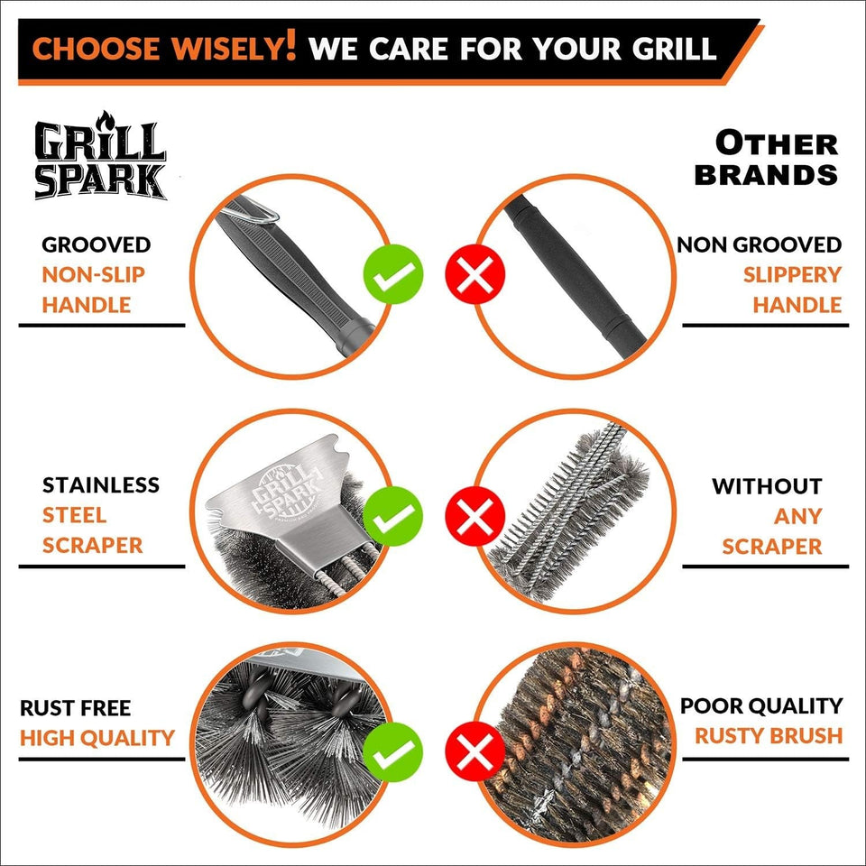 BBQ Grill Brush and Scraper 18 | Stainless Steel Cleaning Brush Accessories | Best for Weber Gas. Charcoal. Porcelain. Cast Iron. All Grilling Grates