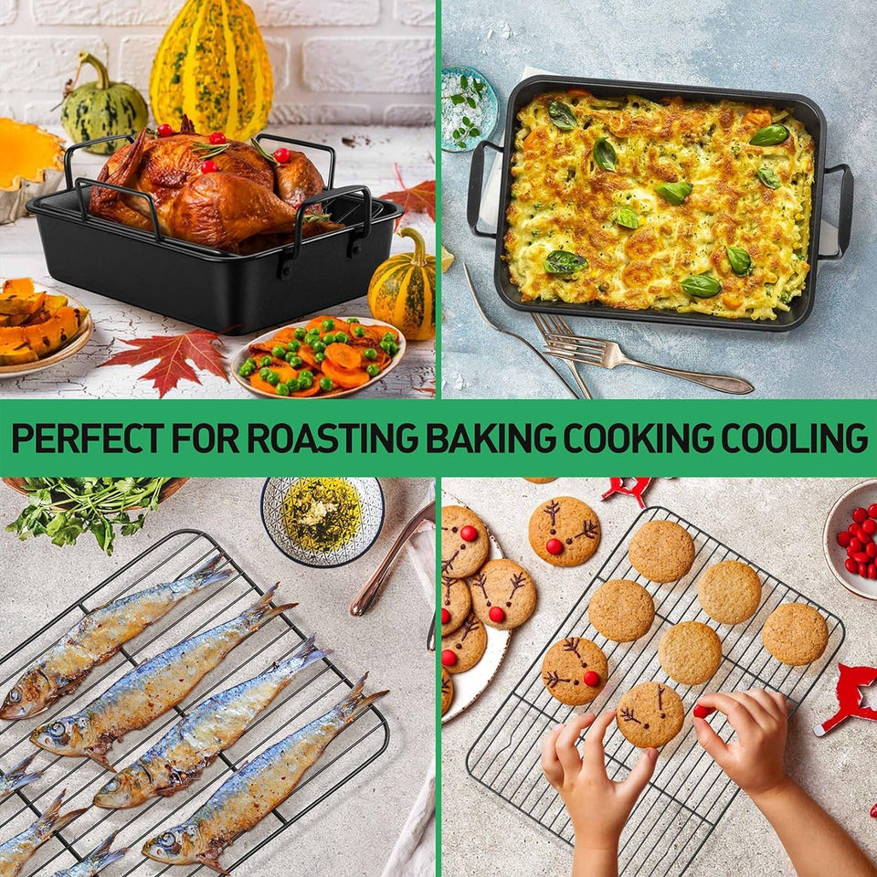 14 Inch Roasting Pan with Rack Set. P&P CHEF Turkey Roaster Pan & V-Shape Baking Rack & Cooling Rack for Chicken Vegetable Lasagna Cookie. Nonstick Coating & Stainless Steel Core. Sturdy & Healthy