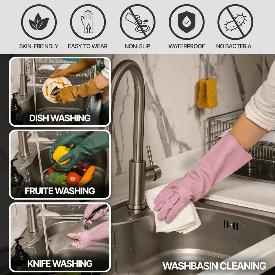 3 Pairs Colorful Reusable Waterproof Household Dishwashing Cleaning Rubber Gloves. Non-Slip Kitchen Glove