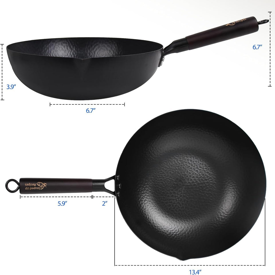 13.4 Inch Carbon Steel Wok for Electric. Induction and Gas Stoves (Lid. Spatula and User Guide Video Included)