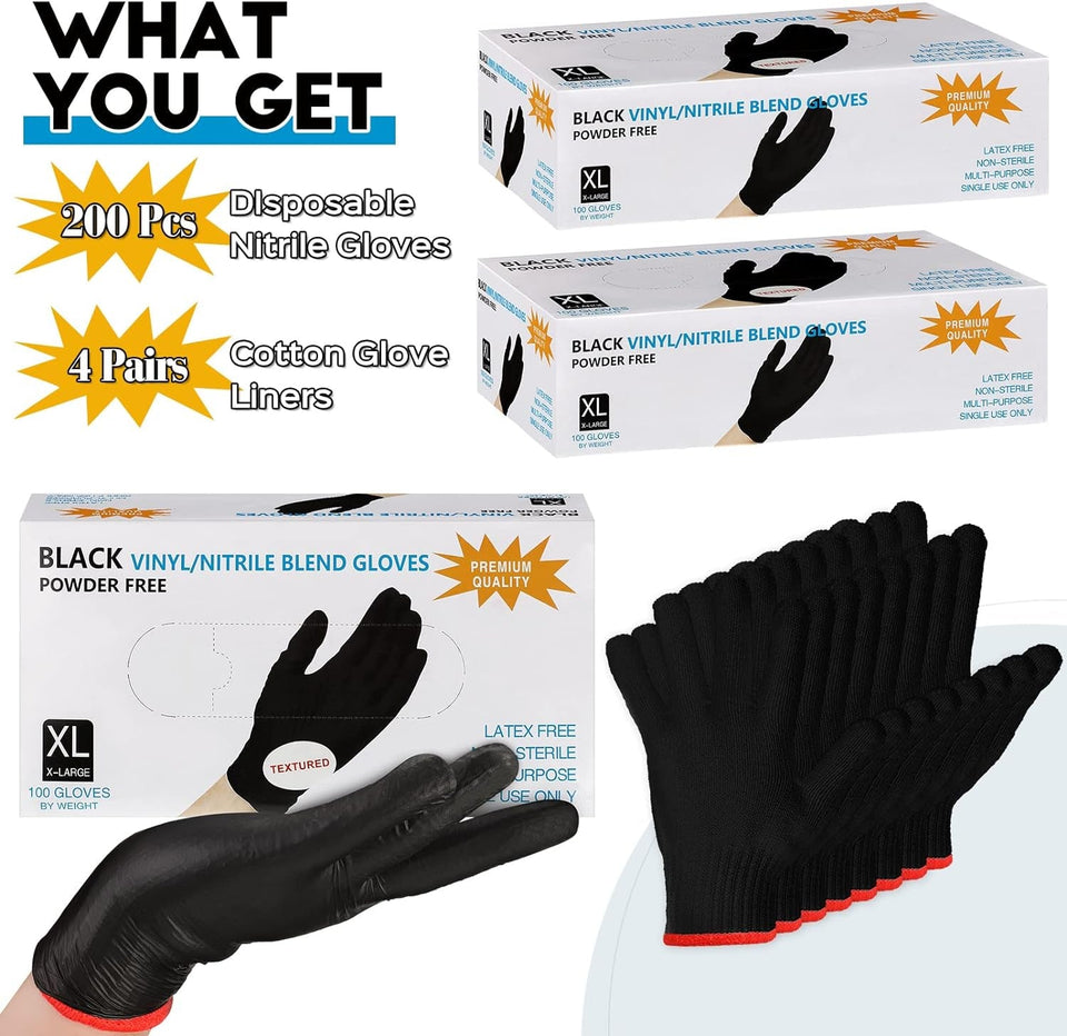 200 Pcs Disposable BBQ Gloves with 4 Pairs Cotton Liners Grilling Gloves BBQ Cooking Gloves (Black. Dark Gray. X-Large)