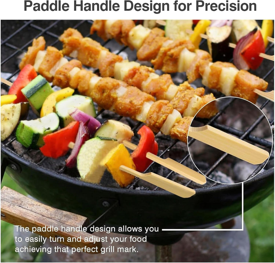 10-Inch Skewer for BBQ Kebab. Unbleached Long Bamboo/Wood Roasting Sticks for Grill -Heavy Duty Thickness -Flat Stick Flag Handle -With Dust-Free Packaging (100-Pack)