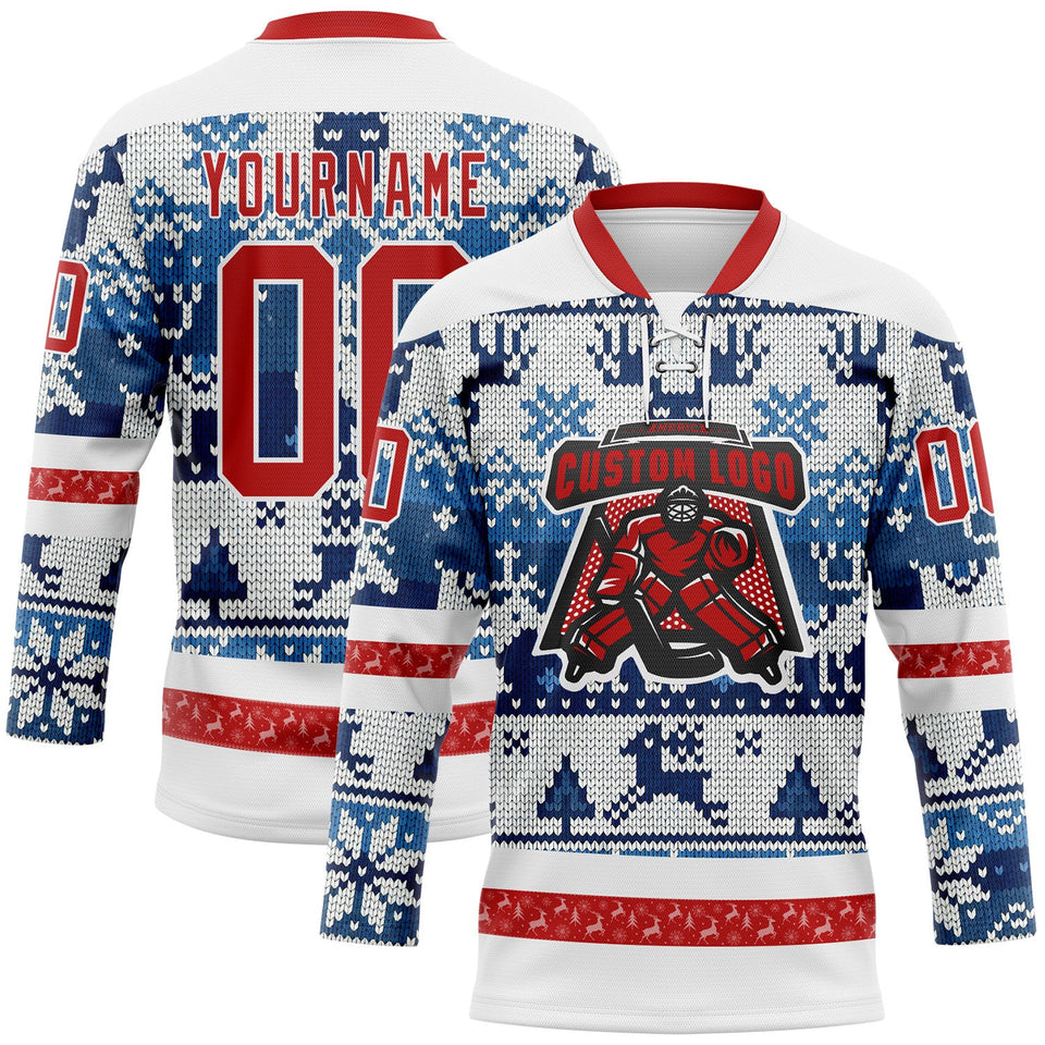 Custom Blue Red-White 3D Christmas Ugly Sweater Hockey Lace Neck Jersey