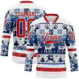 Custom Blue Red-White 3D Christmas Ugly Sweater Hockey Lace Neck Jersey