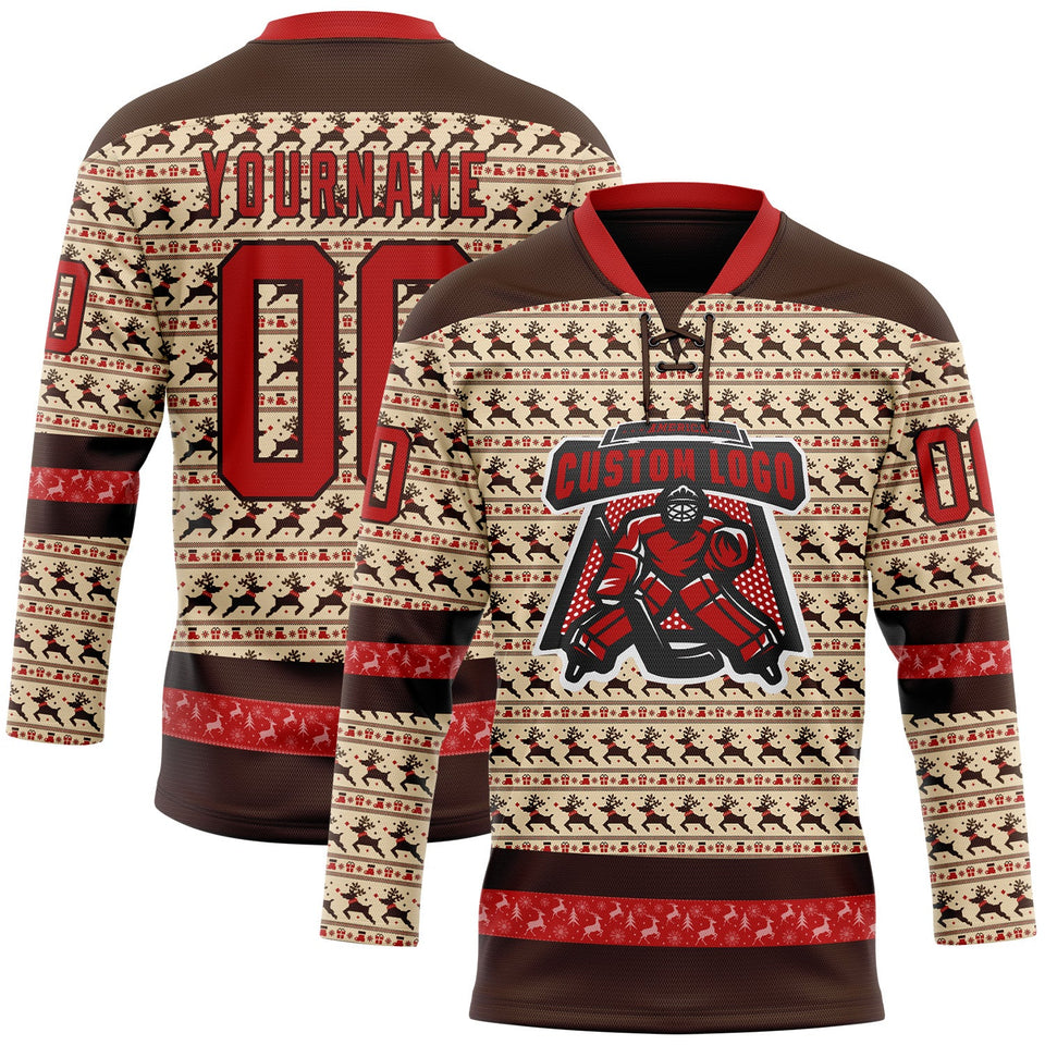 Custom City Cream Red-Brown 3D Christmas Hockey Lace Neck Jersey