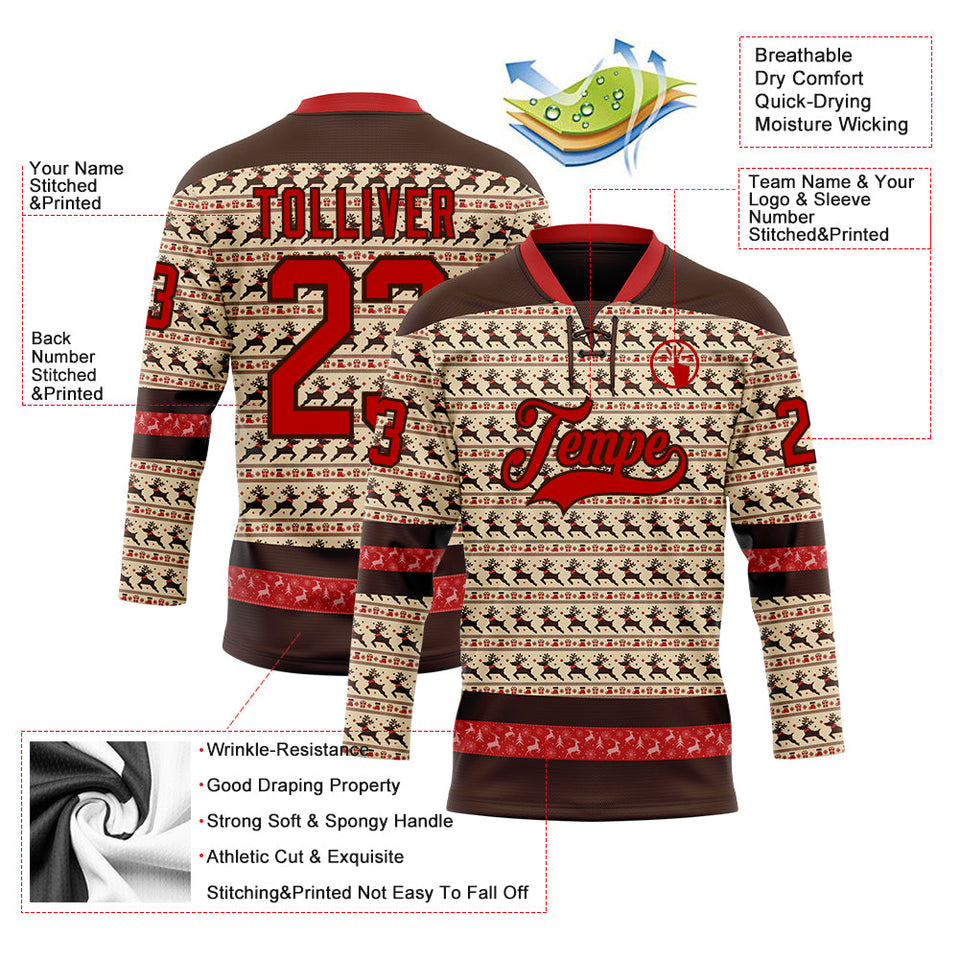 Custom City Cream Red-Brown 3D Christmas Hockey Lace Neck Jersey