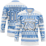 Custom White Light Blue-Black 3D Christmas Ugly Sweater Hockey Lace Neck Jersey