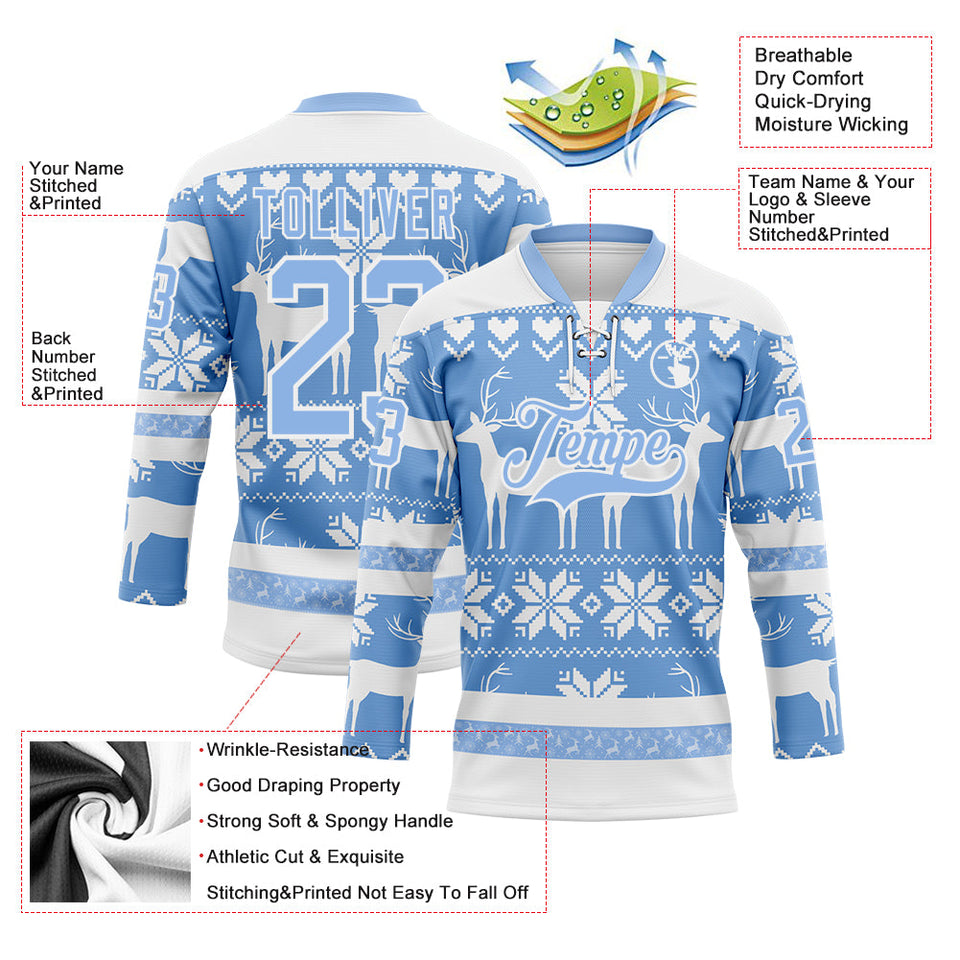 Custom White Light Blue-White 3D Christmas Ugly Sweater Hockey Lace Neck Jersey