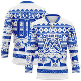 Custom White Thunder Blue-White 3D Christmas Ugly Sweater Hockey Lace Neck Jersey