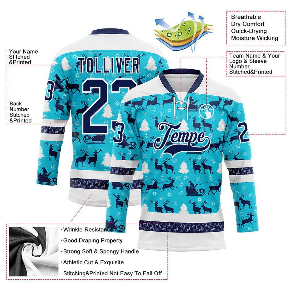 Custom Lakes Blue Navy-White 3D Christmas Hockey Lace Neck Jersey