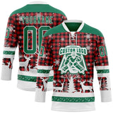 Custom Red Kelly Green-White 3D Christmas Plaid Hockey Lace Neck Jersey