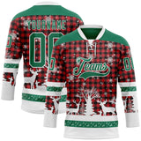 Custom Red Kelly Green-White 3D Christmas Plaid Hockey Lace Neck Jersey