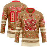 Custom Old Gold Fire Red-White 3D Christmas Hockey Lace Neck Jersey