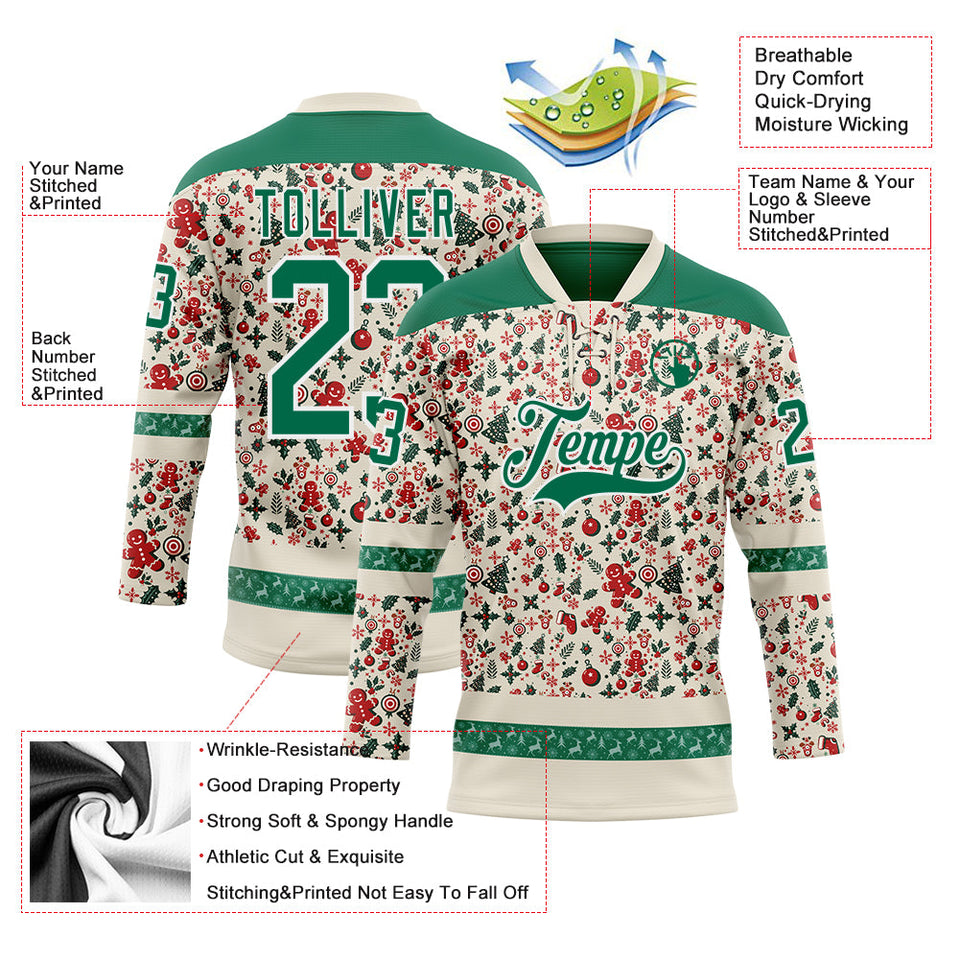 Custom Cream Kelly Green-White 3D Christmas Hockey Lace Neck Jersey