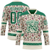 Custom Cream Kelly Green-White 3D Christmas Hockey Lace Neck Jersey