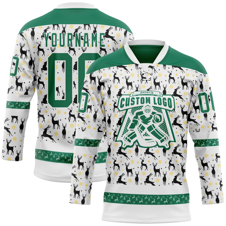Custom White Kelly Green-White 3D Christmas Hockey Lace Neck Jersey