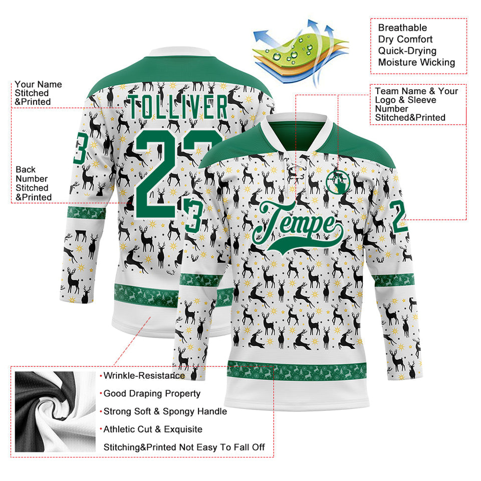 Custom White Kelly Green-White 3D Christmas Hockey Lace Neck Jersey