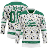 Custom White Kelly Green-White 3D Christmas Hockey Lace Neck Jersey